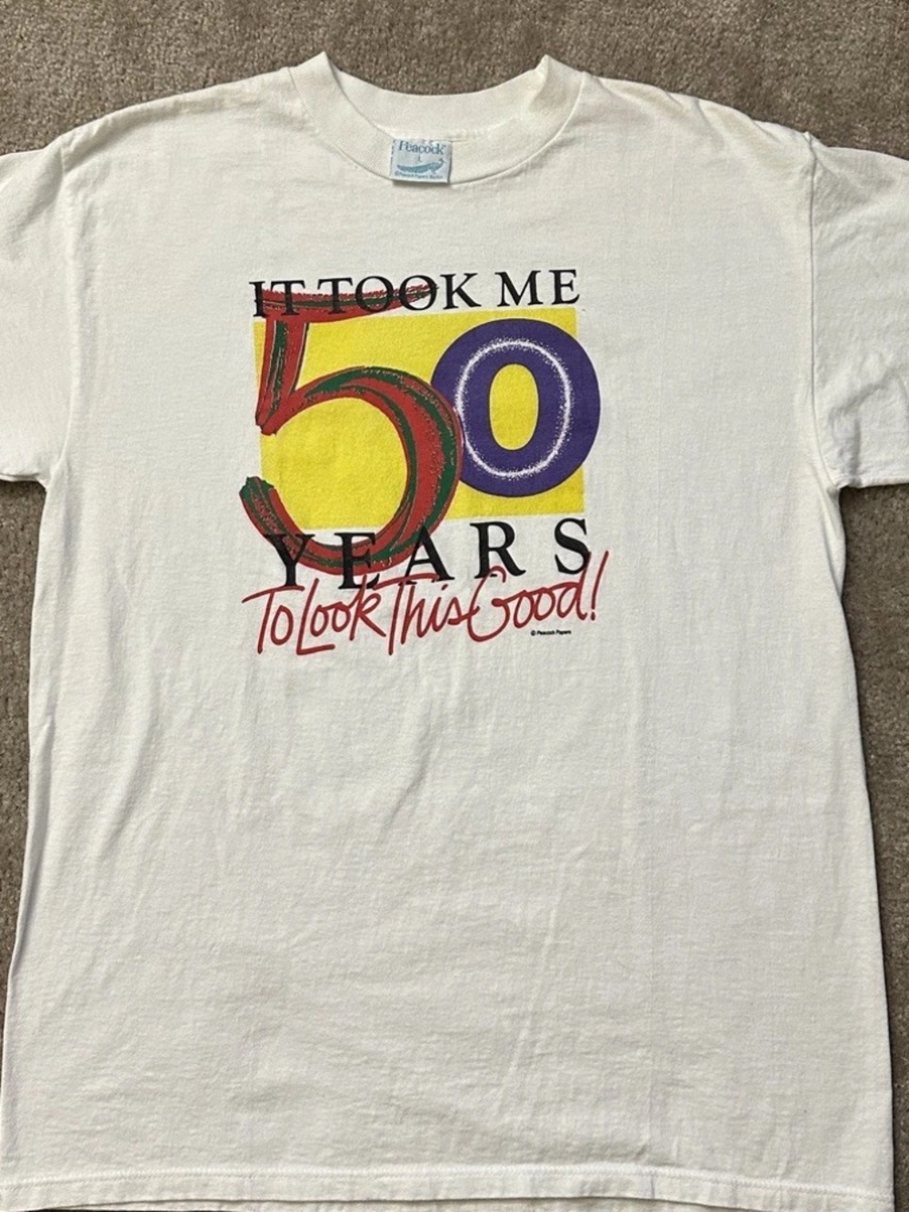 Vintage Peacock Papers Parody T-shirt Men Large "Took 50 years Look This Good"
